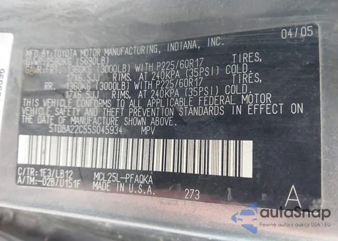 2005 Toyota Sienna Xle Limited z USA, uszkodzony, nr VIN 5TDBA22C55S045934